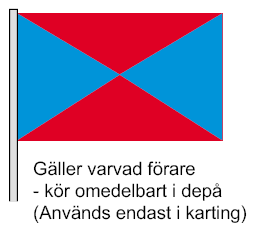 Flaggor G 10 Start flagga (Svenska flaggan), 1. Röd flagga - Stopp 2. Svart/vit rutig flagga (chequered) - Mål 3. Vit flagga - långsamtgående fordon framför 4.