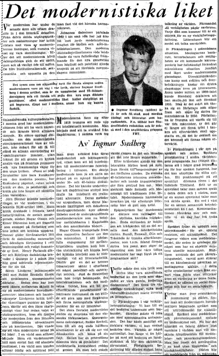 Modernistdebattens öppning i Vasabladet. På bilden inledningen till Ingmar Svedbergs brandfackla den 4 maj 1965. I sin helhet fyllde artikeln närmare en tidningssida i broadsheet-format.