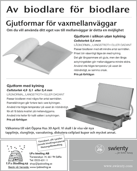 Marknaden Säljes material mm Bi&Biodlingstillbehör Smedgatan 1, Svedala. Östra Industriområdet (vid Moltex) Öppet: April-September Måndag 15-17.