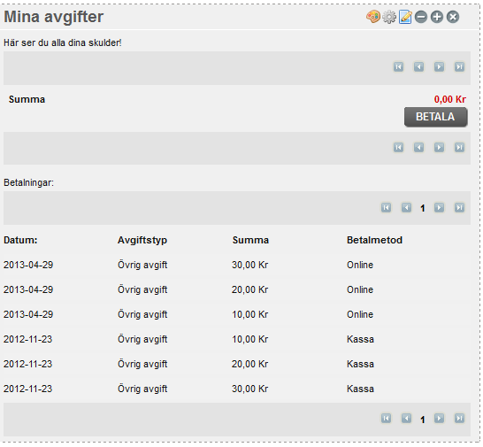 Texter Du kan till exempel skriva in en text till låntagaren som visas i samband med transaktionen i Arena. Denna text skrivs in i portleten Mina avgifter under Inställningar Portlet-översättningar.