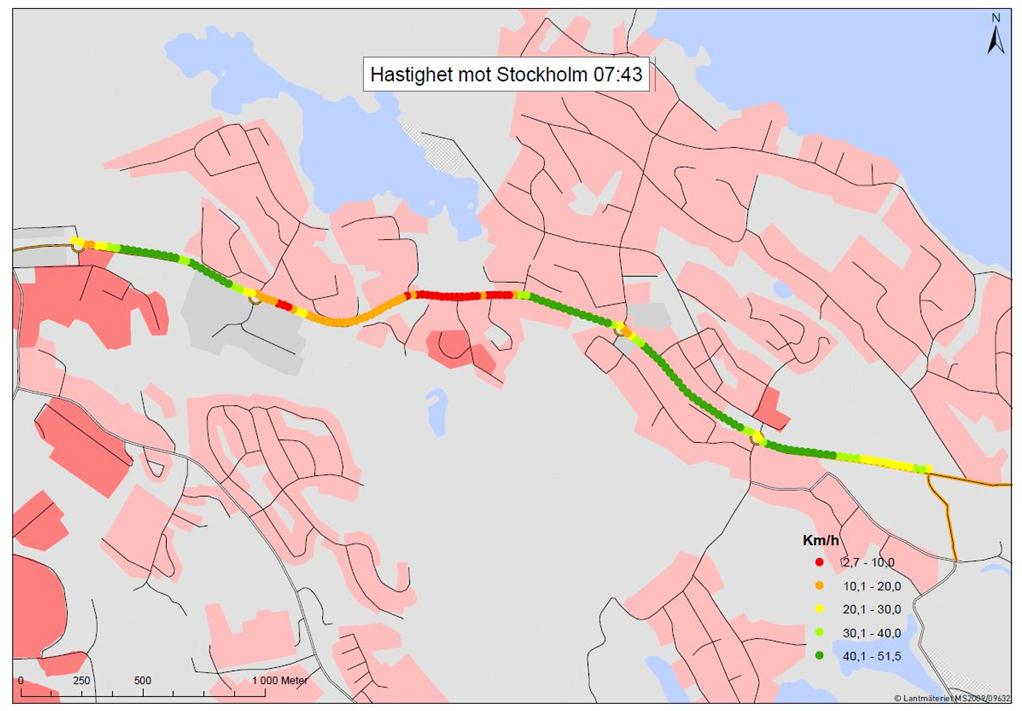 Figur 3-7 Hastighetsvariation längs Tyresövägen i riktning mot Stockholm vid mättillfälle den 1 februari 2012 klockan 07:43.