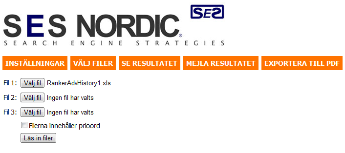 Resultat 13 4 Resultat I denna del visas exempel på hur det färdiga resultatet fungerar och ser ut. I alla exempelfigurer har kundens och konkurrenternas riktiga namn ersatts med generella namn. 4.1 Välj filer Själva utseendet på applikationen består av att SESNordics logo visas längst uppe i vänstra hörnet och under den finns menyn för applikationen.