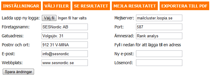 Resultat 19 4.5 Inställningar På sidan Inställningar går det enbart att göra de mest grundläggande inställningarna i applikationen.