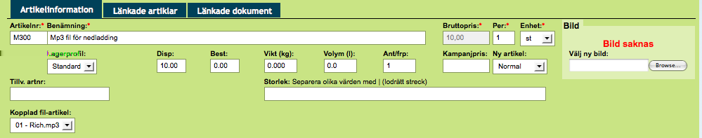 6.7. DOKUMENT & FILARTIKLAR May 22, 2009 Filartiklar Det går bra att hantera filer som artiklar i systemet. T.ex. om du önskar sälja en mp3-fil, ett speciellt dokument eller ett fotografi.