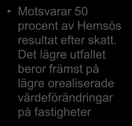 Resultaträkning Mkr 2012 jan/juni 2011 jan/juni Hyresintäkter 948 800 Försäljningsintäkter modulbyggnader 169 144 Nettoomsättning 1 117 944 Fastighetskostnader -292-256 Produktionskostnader moduler