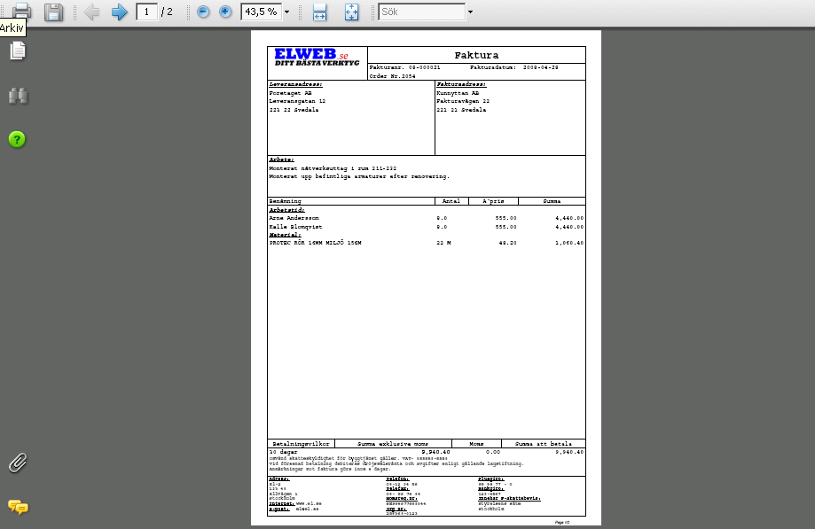 30/36 När du klickat Skriv ut visas den färdiga fakturan i en ny sida i ett format som kallas PDF.