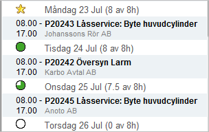 Arbetsorder Visa arbeten (veckovy) Alternativ visning Ange om det ska visas en rubrikrad per dag i aktuell vecka. Detta är speciellt användbart när tidrapporteringsfunktionerna används.