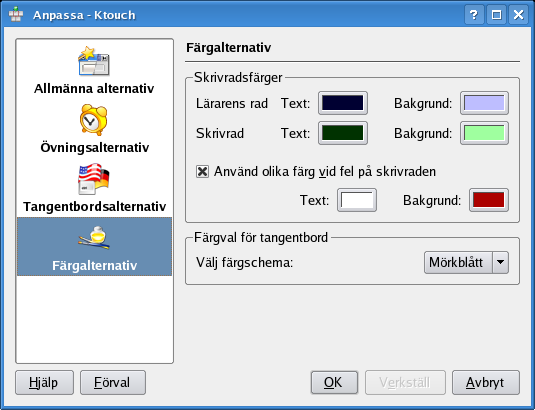 Färginställningar Du kan finjustera färgerna som används av Maskinskrivningsträning i den här dialogrutan. Du kan välja bakgrundsfärgen för varje fingertangent. 1.3.