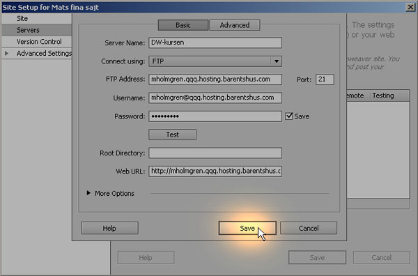 Sida 15 av 25 6. Test. Avsluta hela det här med att klicka på knappen Test (om du har någon sådan). Då testar Dreamweaver om du kommer åt din webbplats med de inställningar du gjort.