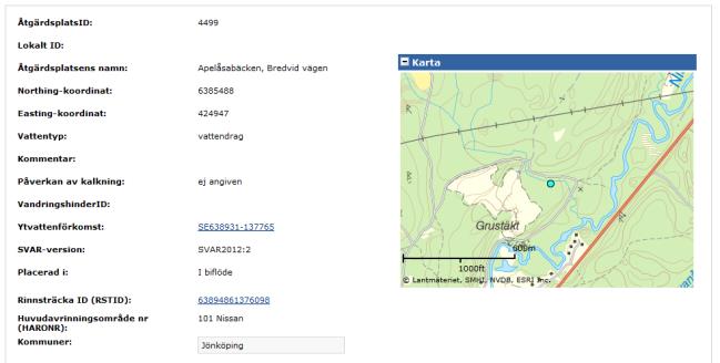 Observera att en åtgärdsplats kan vara knuten till flera åtgärder och vice versa. Du kommer då till åtgärdsplatsvyn med allmän platsinformation överst (se nedan).