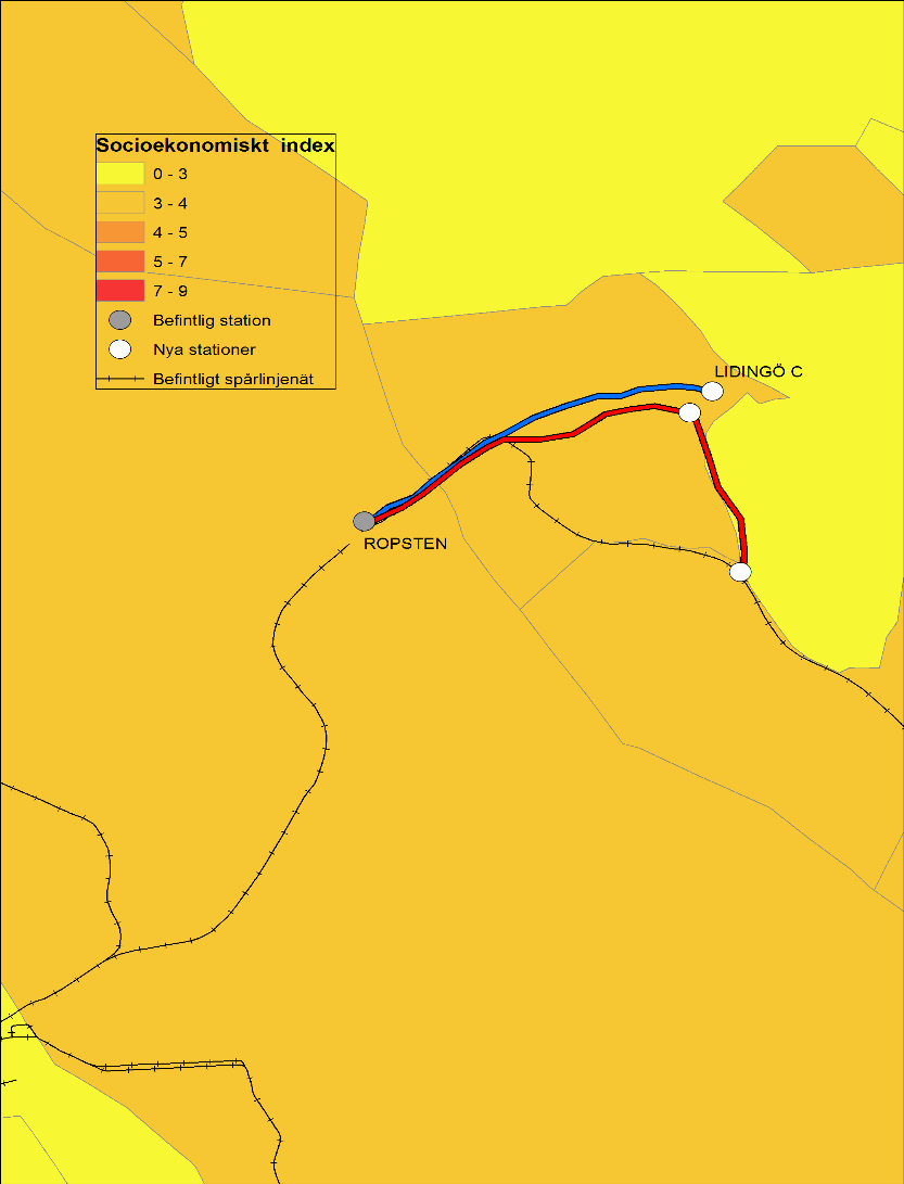 106 ROPSTEN LIDINGÖ C Social nytta Utbyggnad mellan Ropsten och Lidingö bedöms bidra med relativt låg social nytta med hänsyn till områdena kring de närliggande stationerna Ropsten och Lidingö C.