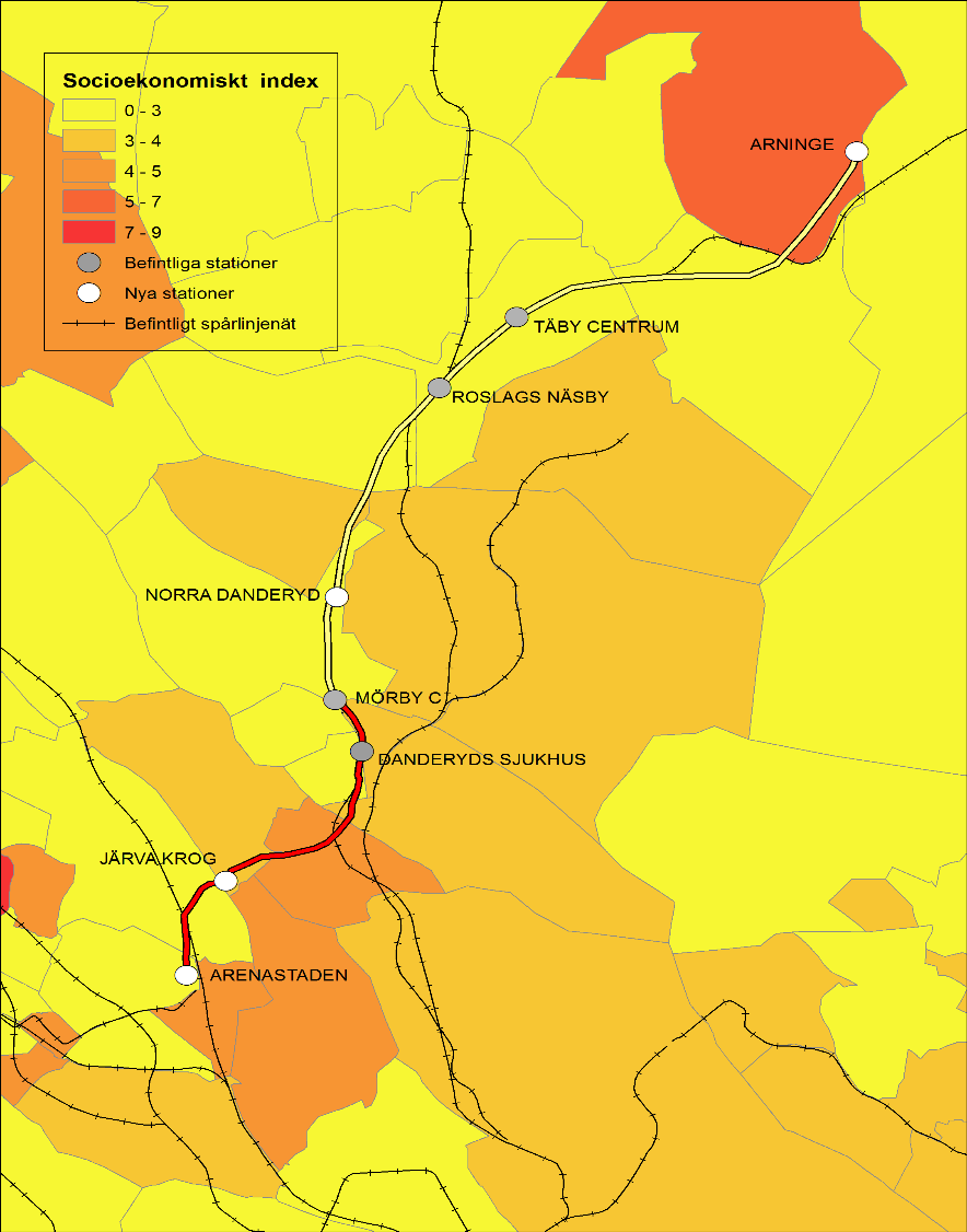 46 TUNNELBANA TILL ARNINGE Social nytta En förlängd tunnelbana till Arninge, kopplar huvudsakligen samman områden med lågt socioekonomiskt index, det vill säga områden med hög andel