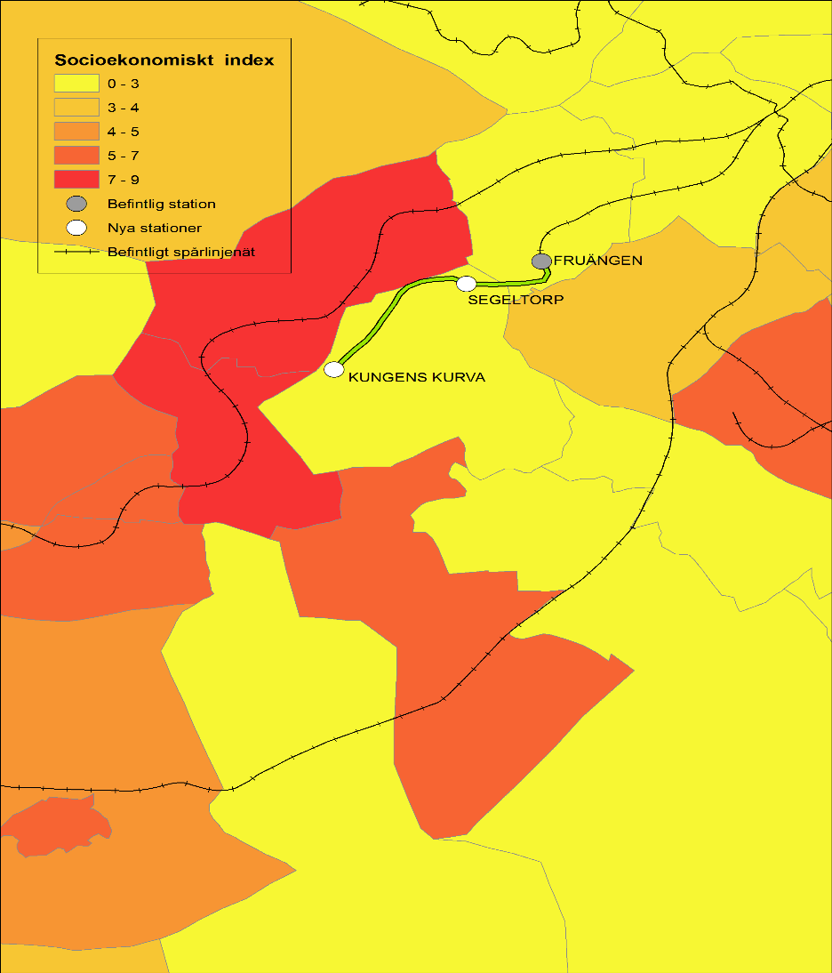92 TUNNELBANA FRUÄNGEN KUNGENS KURVA Social nytta Detta utbyggnadsalternativ knyter samman Fruängen och Segeltorp med arbetsplats- och servicetäta Kungens kurva.
