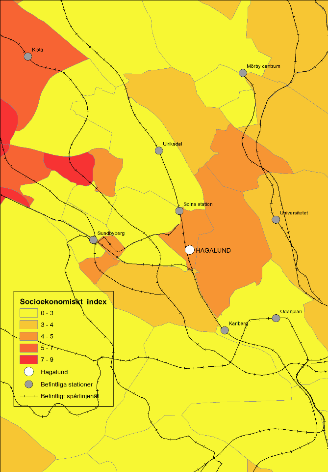 98 HAGALUND STATION Social nytta Genom en station i Hagalund möjliggörs utveckling och bebyggelse i en omgivning med relativt dåliga socioekonomiska förutsättningar baserat på andel