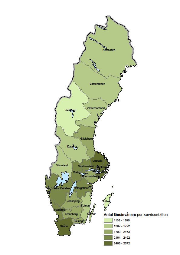 Figur 2.4: Antal länsinvånare per serviceställe i Sverige, 2012-12-31. Figure 2.