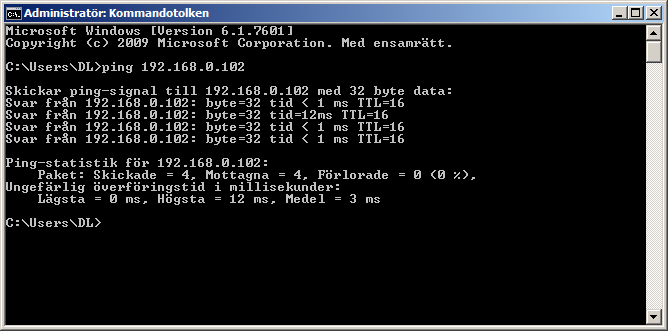 För att kontrollera om datorn når routern respektive IP-gränssnittet kan du pinga. Detta gör du genom att skriva ping 192.168.0.