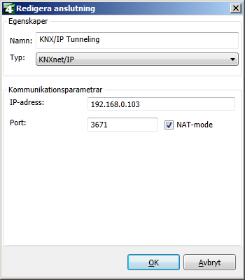Välj därefter vad HMI-enheten skall anslutas via. I vårt fall till KNX via en gateway (vår router sum 3).