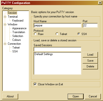 Namnet på det UNIX-system du loggar in på är peppar och ssh innebär att att kryptering används (ssh är säkrare än telnet).