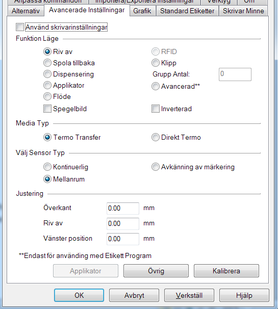KLARA arcode Program- och maskinvara Välj fliken Avancerade inställningar. Inställningarna här beror på skrivar- och etiketttyp.