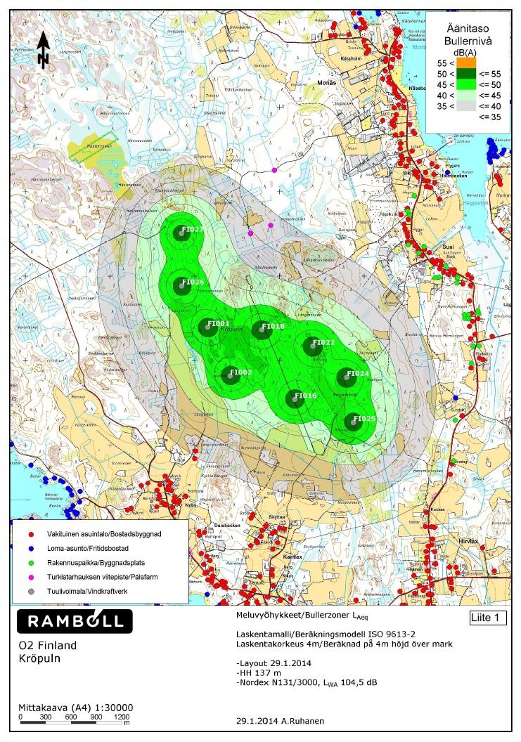 1-28 Bild 11. Bullersimuleringen påvisar att inga fasta bostäder är innanför gränsen som överskrider 40 db (röda punkter = fast boende).