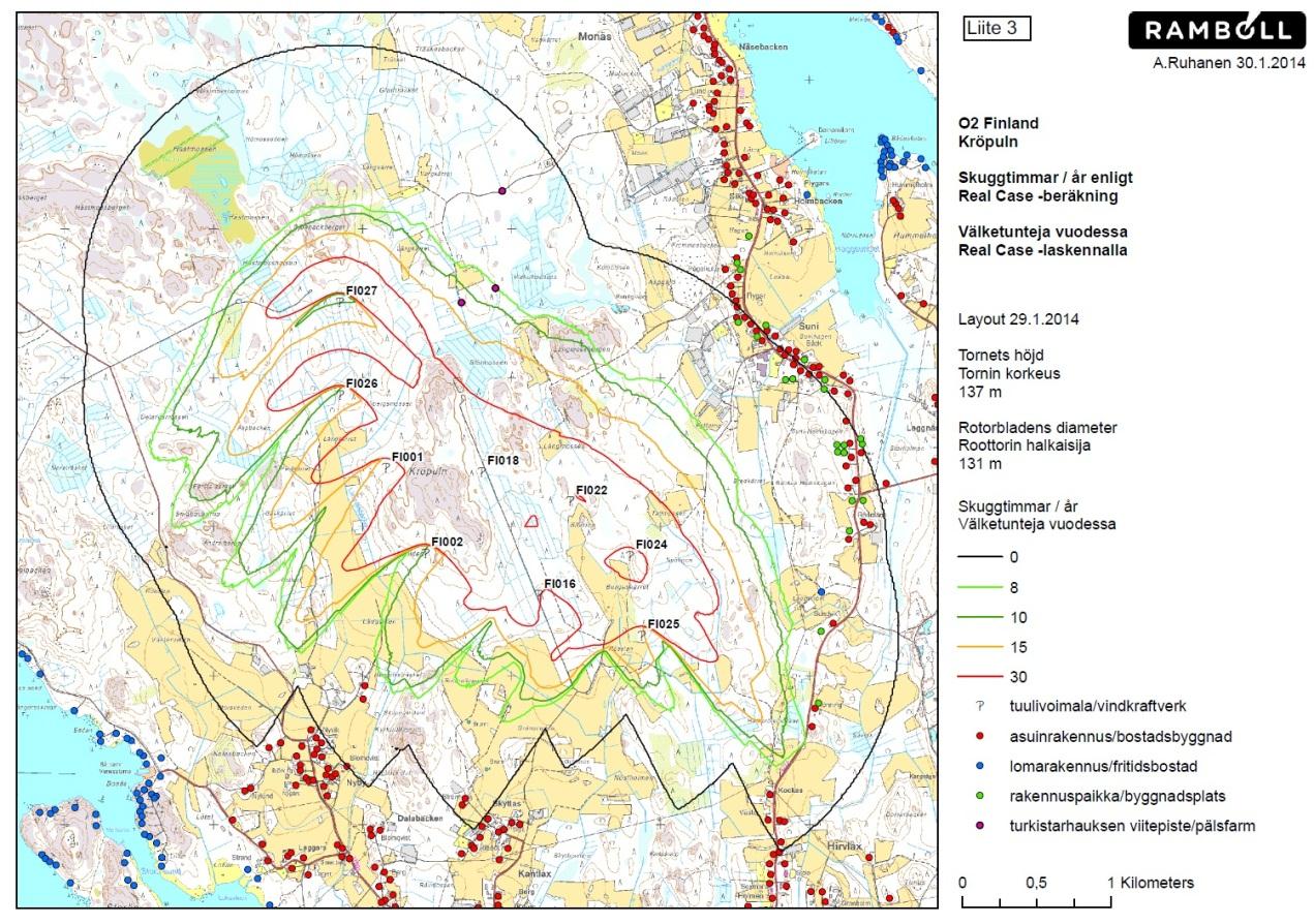 1-29 Bild 12. Skuggsimuleringen påvisar att både de fasta bostäderna som fritidsbostäderna ligger mellan de sedvanligt använda gränsvärdena för Danmark samt rekommendationerna i Sverige.