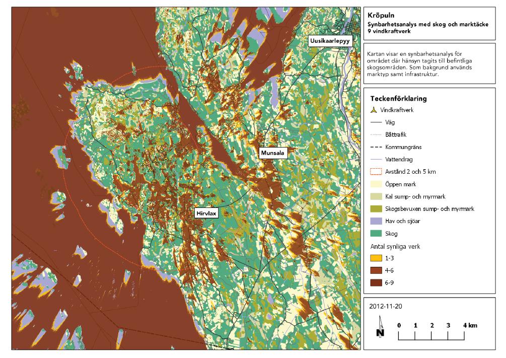 1-31 Bild 14. Siktanalysen påvisar från vilka delar i vindparkens närområde som man kan beskåda vindkraftverkena. Den bruna färgen anger platser där vindkraftverkena är synliga.