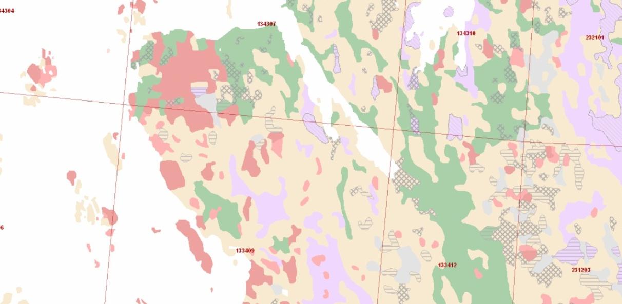 1-9 områden av sten- och bergbunden mark. Även små torvförekomster finns i planeområdets norra del. Bild 3 visar var på planeområdet de olika jordartsförekomsterna ligger. Bild 3. Jordmånskarta för planeområdet.