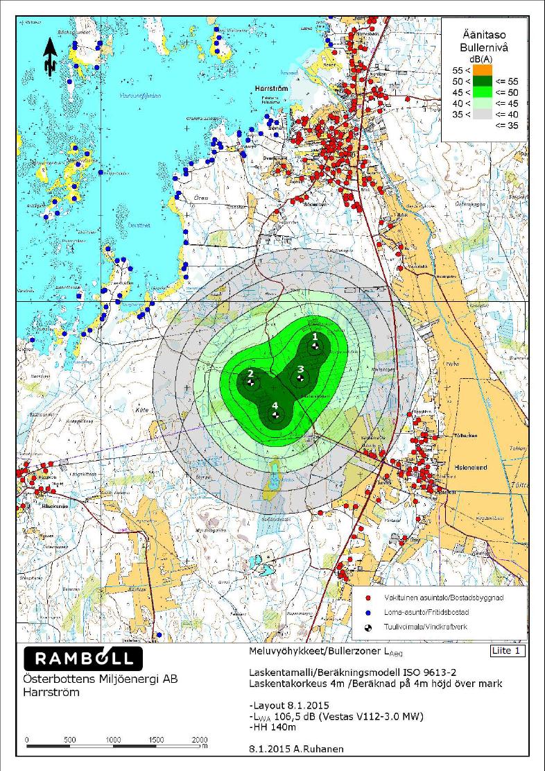 30 Bild 21. Bulleranalysen från 8.1.2015. Bullersimuleringen påvisar att inga fasta bostäder är innanför gränsen som överskrider 40 db (röda punkter = fast boende).