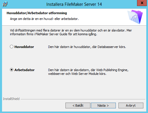 Kapitel 3 Installera FileMaker Server på flera datorer 29 7. Windows: Välj en målmapp och klicka sedan på Nästa. Obs! I Windows kan du välja en icke-standardplats.