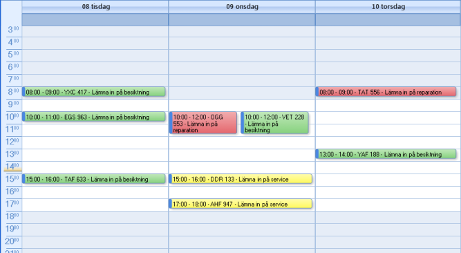 Kalenderöversikt Det finns en kalender som ger er en översikt över de händelser som ska ske den närmaste tiden, exempelvis bokade verkstadstider. Olika händelsetyper markeras med olika färger, t.ex. service och besiktning.