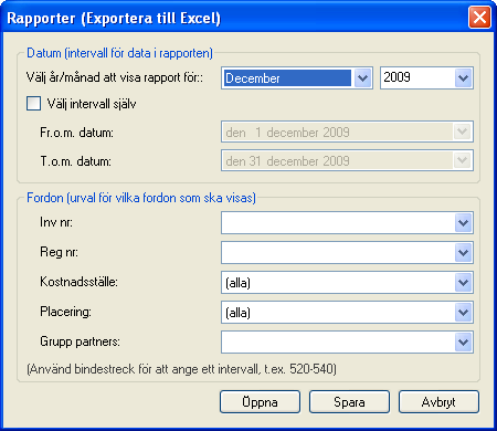 Visa kostnadsrapport Klicka på Rapporter. Välj vilken månad ni vill visa rapporten för, eller välj ett datumintervall själv. Ni kan även välja att filtrera på vilka fordon som ska tas med i rapporten.