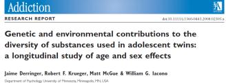 Resultat: Studiedeltagare: 1386 tvillingar, pojkar och flickor i åldern 11 till 17 år. Slutsatser: 1. Ärftligheten för missbruk ökar successivt från 11 till 17 år hos både pojkar och flickor. 2.