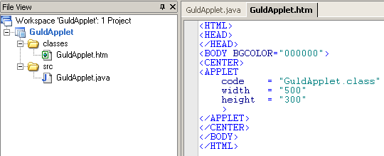 7. Appleten måste ligga på en websida. Om du öppnar HTML-filen, så har JCreator skapat denna kod: Lägg märke till raden code = GuldApplet.class som kopplar din applet till HTML-filen 8.