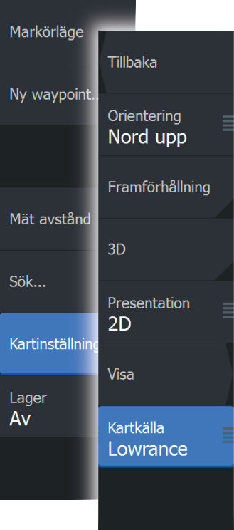 Välja typ av sjökort Du ställer in sjökortstypen individuellt för varje plotterpanel. Aktivera en av plotterpanelerna och välj någon av de tillgängliga sjökortstyperna från menyalternativet Kartkälla.