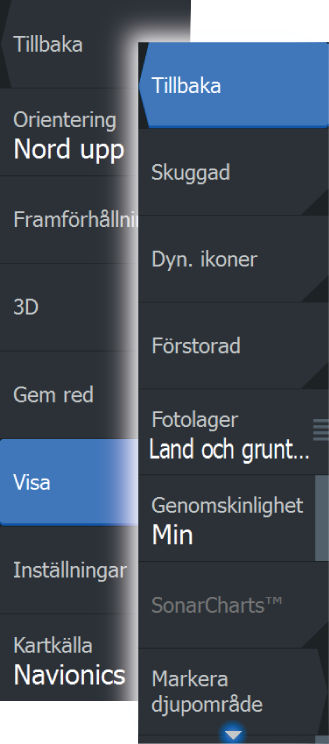 Visningsalternativ för Navionics Skuggning på sjökort Med skuggning läggs terränginformation till på sjökortet.