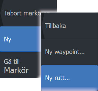 Rutter En rutt består av en serie ruttpunkter som anges i den ordning du vill navigera mellan dem. När du väljer en rutt på plotterpanelen visas den i grönt, och ruttens namn visas också.