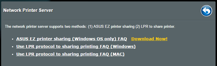 Installera delningsläge för EZ-skrivare: 1. Från navigeringsfältet, gå till fliken General (Allmänt) > USB Application (USB-applikation) > Network Printer Server (Nätverksskrivarserver). 2.