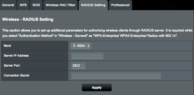 4.1.5 RADIUS-inställning RADIUS-inställning (Remote Authentication Dial In User Service) ger ett extra säkerhetslager när du väljer WPA-Enterprise, WPA2- Enterprise eller Radius med 802.