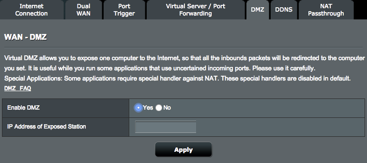 4.3.6 DMZ Virtuell DMZ exponerar en klient för Internet, och tillåter klienten att ta emot alla inkommande paket som dirigeras till ditt LAN.