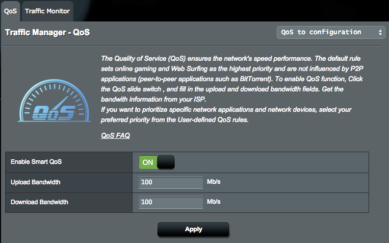 4.4 Trafikhanterare 4.4.1 QoS (Tjänstkvalitet) Denna funktion säkerställer bandbredd för prioriterade uppgifter och applikationer. Aktivera funktionen QoS (Tjänstkvalitet): 1.