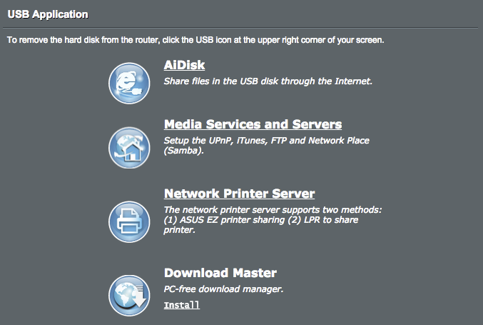 4.6 Använda USB-applikation USB-applikationsfunktioner tillhandahåller undermenyerna AiDisk, Servers Center, Network Printer Server och Download Master. VIKTIGT!