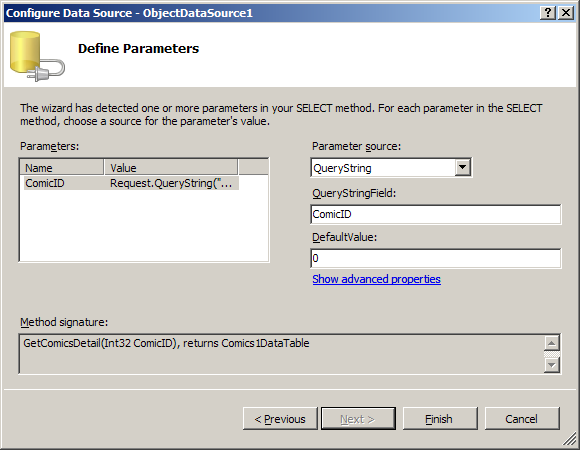 13 g. Växla till Source och titta på <asp:objectdatasource> elementet. Vad gör <SelectParameters> elementet? 4. Lägg till Select knappar till GridView:n a. Öppna Default.aspx i Design läge. b.