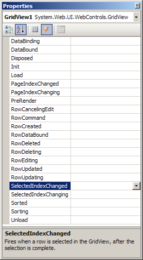 14 g. Dubbelklicka på SelectedIndexChanged för att lägga till en SelectedIndexChanged event hanterare till Default.aspx.cs. h. Lägg till följande kod till eventhanteraren: Response.Redirect ("Details.