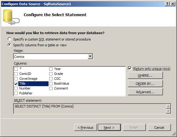 5 e. Klicka Finish för att slutföra konfigurationen av SqlDataSource. f. Titta i Solution Explorer fönstret i Visual Studio, där skall det nu finnas en Web.config fil som har lagts till.