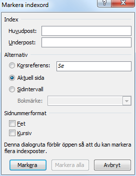 Index - Markera indexord Index Ett index är en sammanställning av ord som är praktiska att söka/slå upp i ett dokument. Längst bak i den här lathunden finns ett index, ett register.