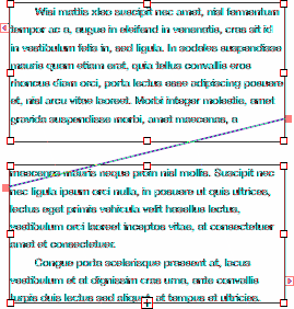 Du länkar till en annan textruta eller skapar en ny länkad textruta genom att klicka på den blå fyrkanten till höger på textrutan och sedan klicka på en annan textruta någonstans på sidan (eller välj