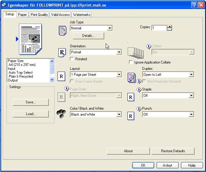Om du skriver ut på Malmö högskola så är standardinställningen alltid svart-vit och dubbelsidig utskrift. När du trycker på Arkiv Skriv ut Skrivaregenskaper så får du fram följande dialogruta.