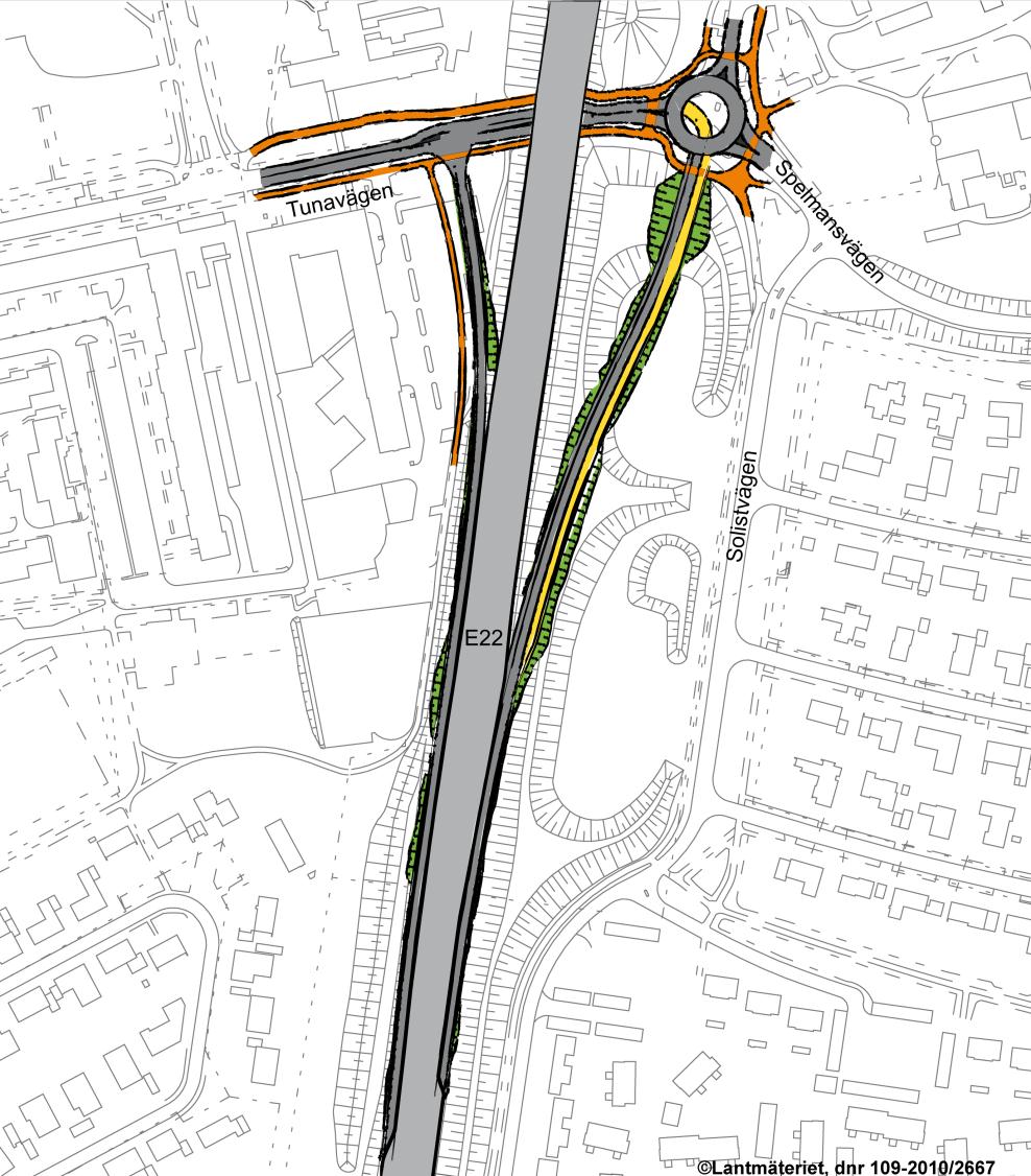 Alternativ Tunavägen Läge C (Steg 4) Alternativet innebär att: En påfarts- och en avfartsramp anläggs från söder till och från Tunavägen och Spelmansvägen Bron över Tunavägen breddas för att ge plats