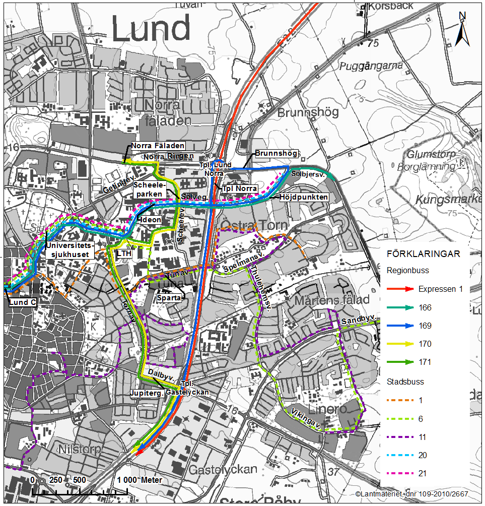 Figur 2-7. Regionala busslinjer och stadsbusslinjer som passerar genom utredningsområdet. På Tunavägen går busslinje 1, 6 och 11.