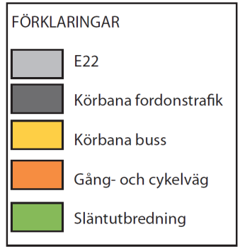 Avfartsrampen, den östra rampen, får två körfält där det högra föreslås bli ett separat busskörfält. Övrig fordonstrafik får nyttja det vänstra körfältet.